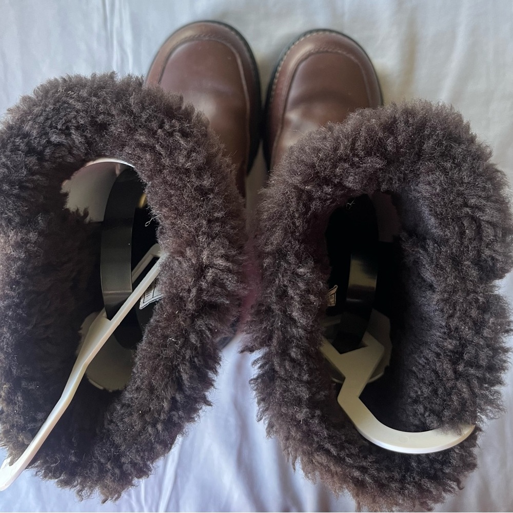 UGG Women Brown Leather Moto Boots 7 Mid Calf Motorcycle Sheepskin Fur Lined - Picture 4 of 5